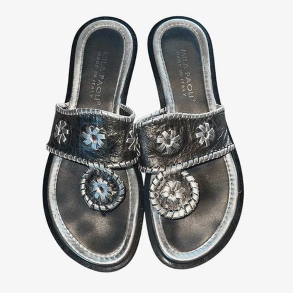 Mila Paoli Womens Metallic Floral Slip On Sandals Silver Size 7